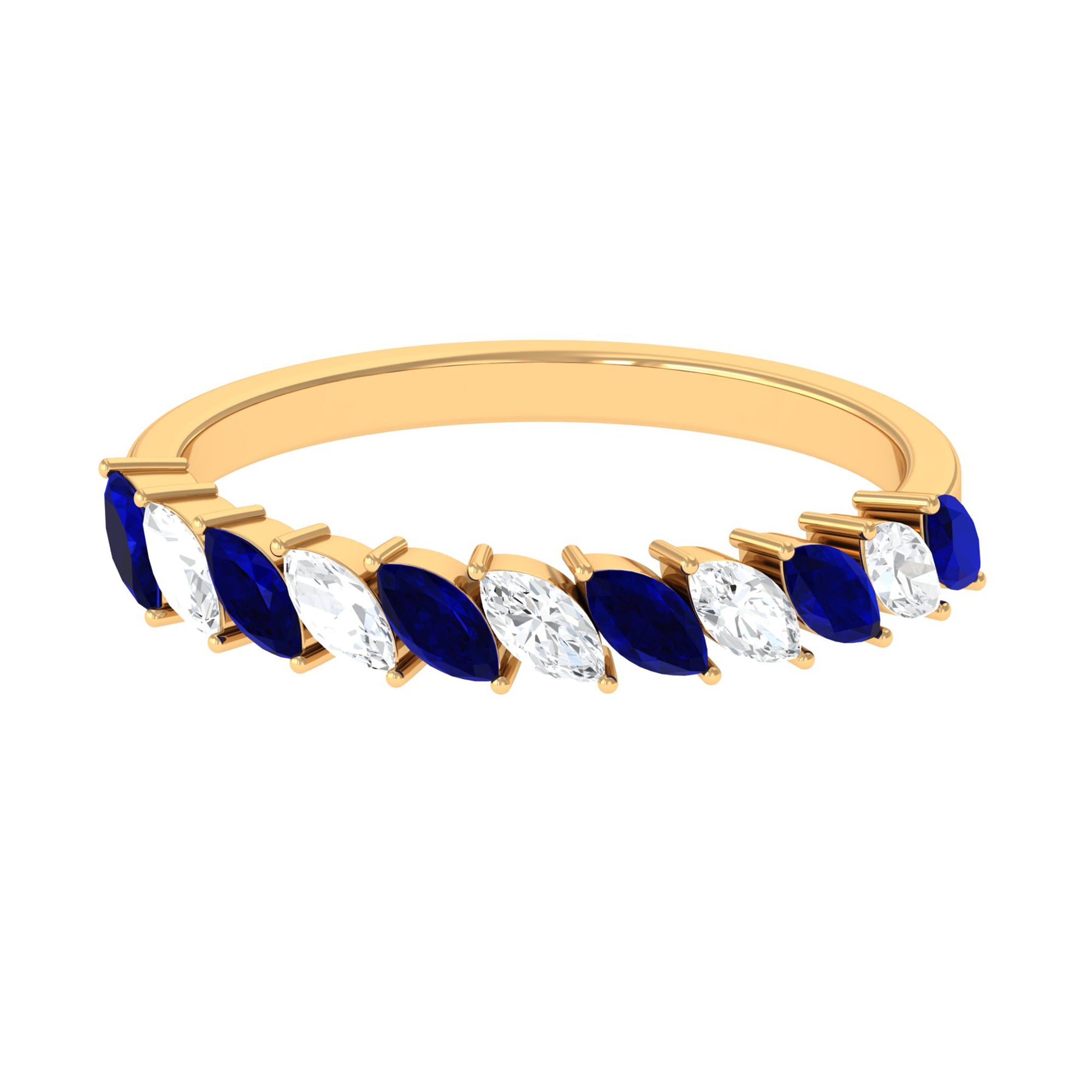 Marquise Blue Sapphire and Diamond Tilted Half Eternity Ring Blue Sapphire - ( AAA ) - Quality - Rosec Jewels