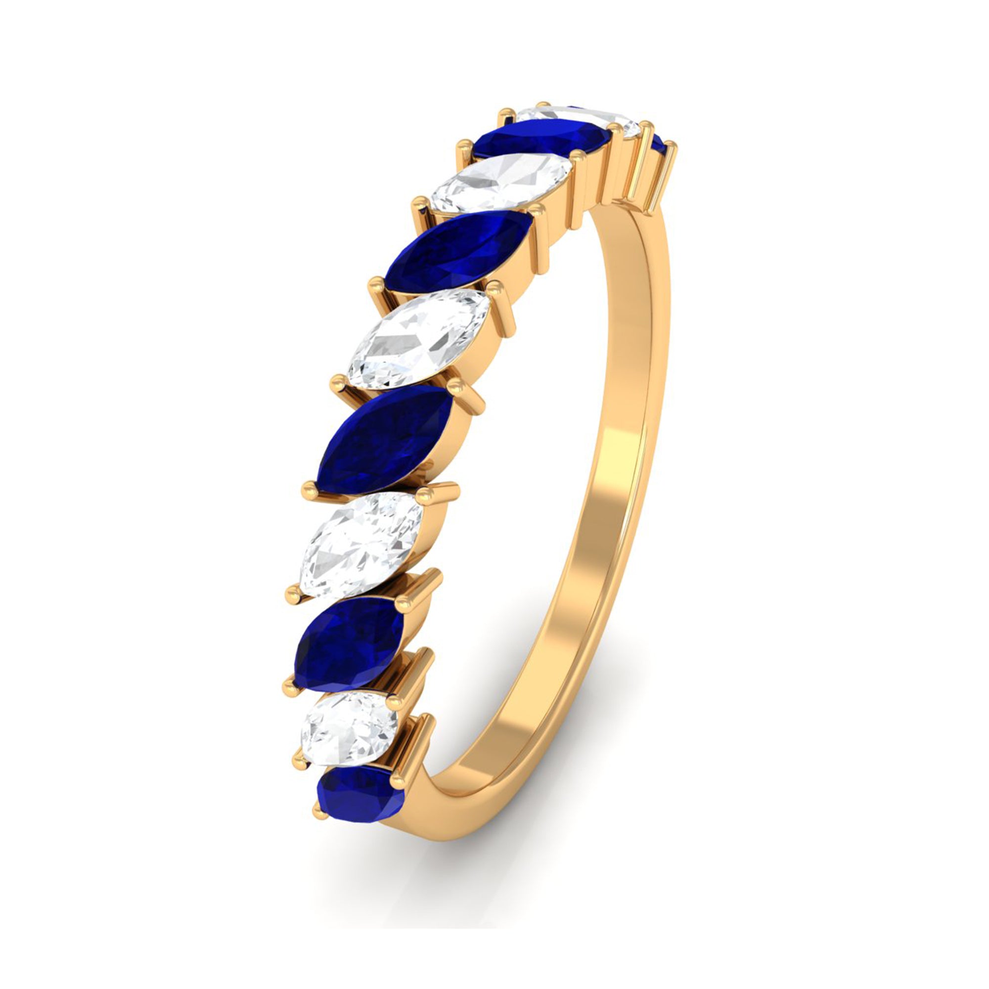 Marquise Blue Sapphire and Diamond Tilted Half Eternity Ring Blue Sapphire - ( AAA ) - Quality - Rosec Jewels