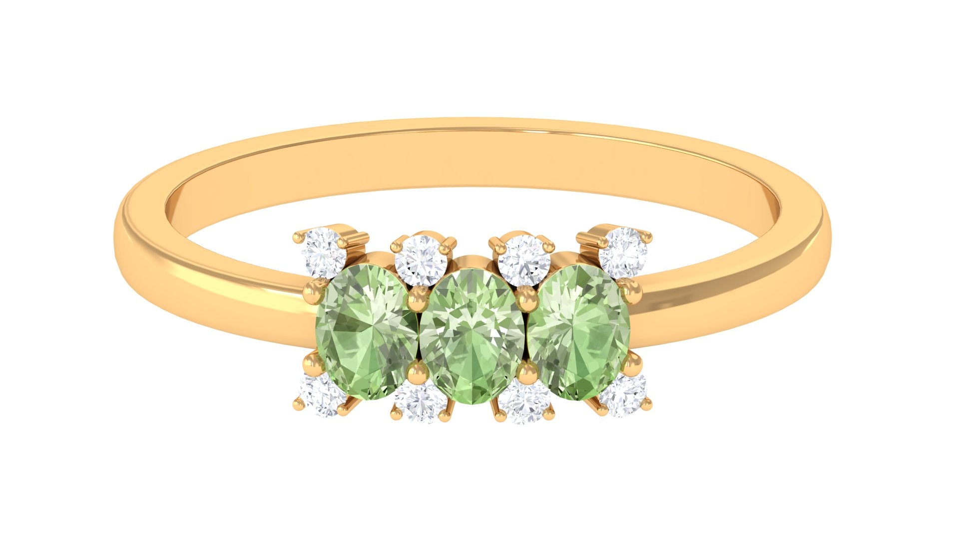 Oval Green Sapphire Three Stone Ring with Diamond Green Sapphire - ( AAA ) - Quality - Rosec Jewels