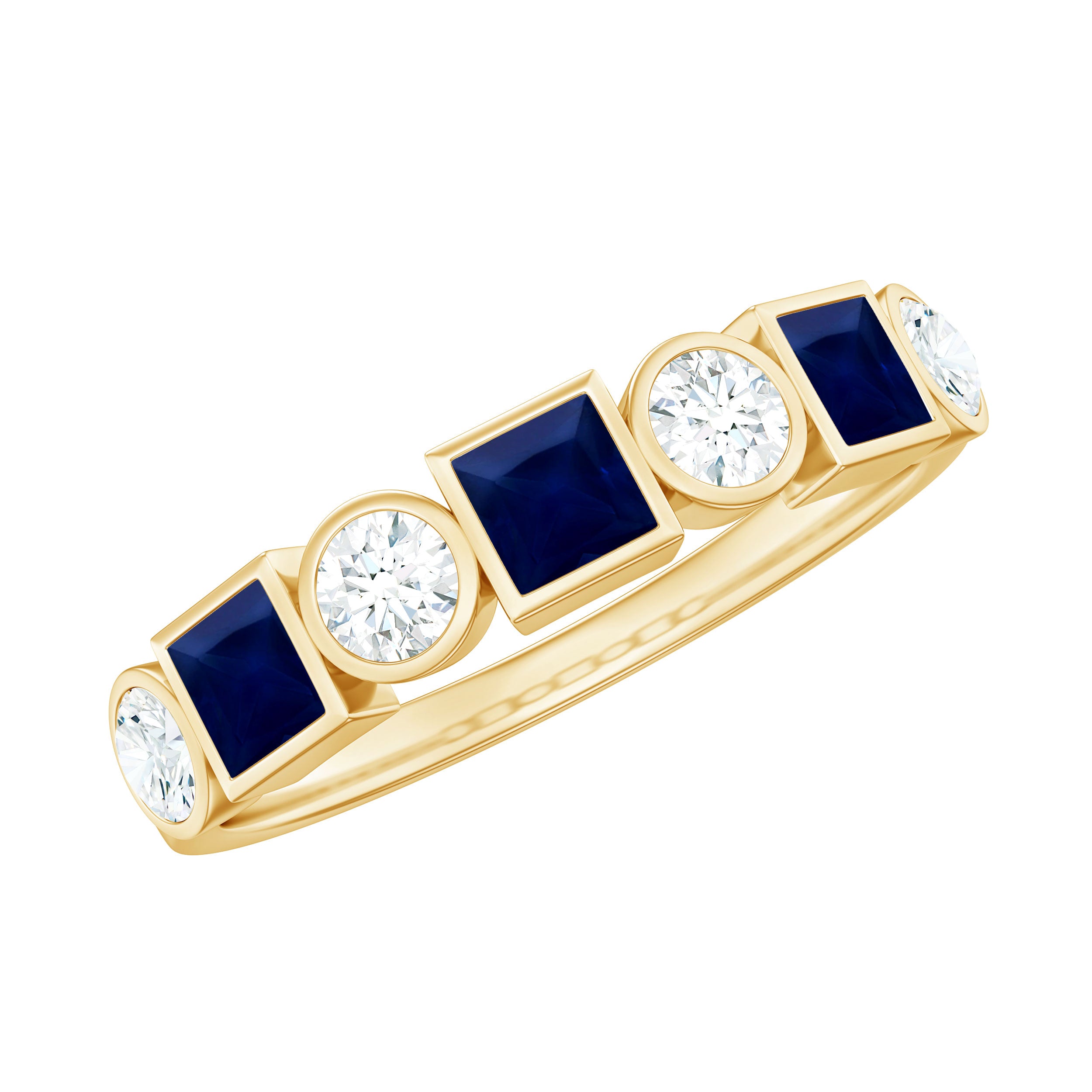 Blue Sapphire and Diamond Half Eternity Ring in Bezel Setting Blue Sapphire - ( AAA ) - Quality - Rosec Jewels