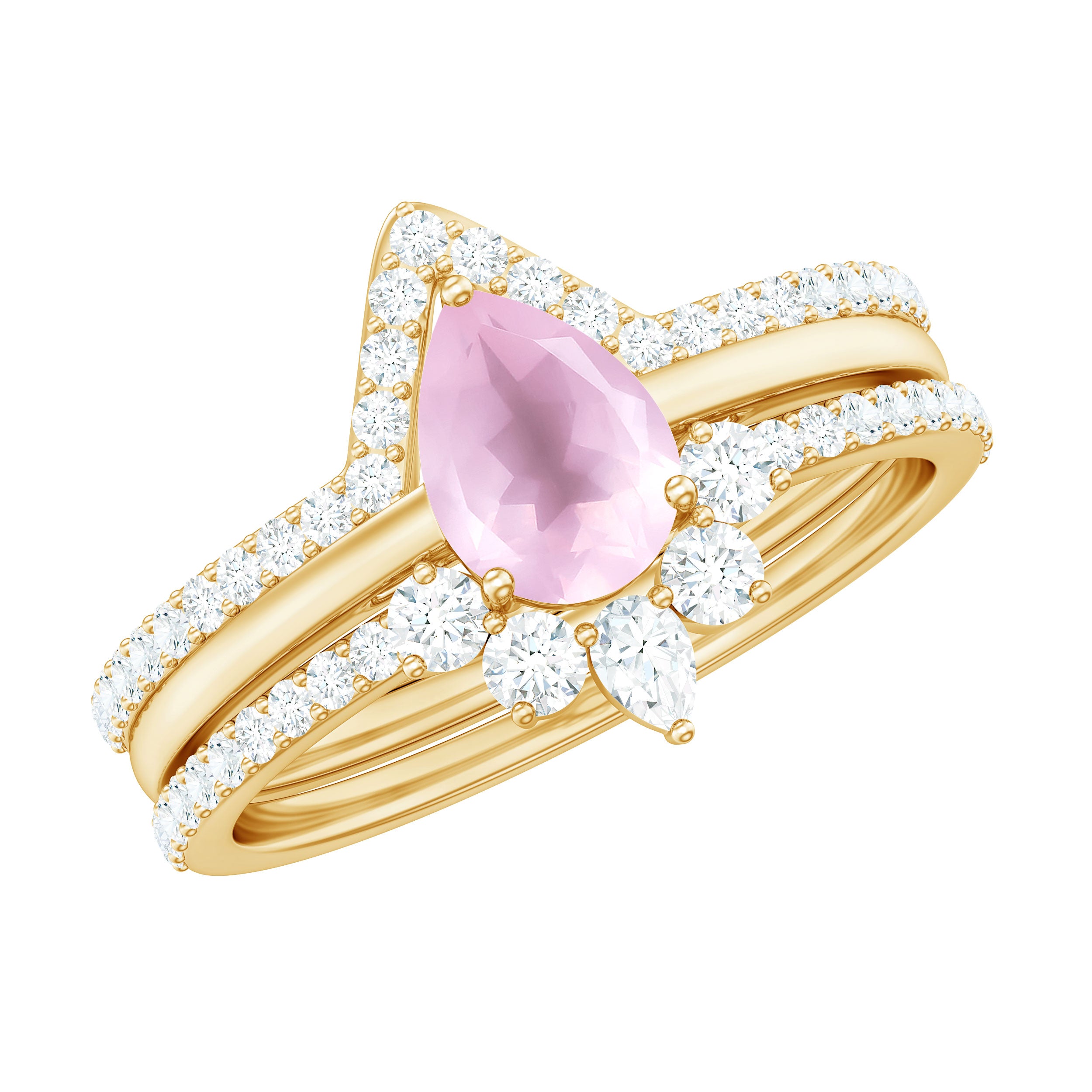 Pear Cut Rose Quartz Trio Wedding Ring Set with Moissanite Rose Quartz - ( AAA ) - Quality - Rosec Jewels