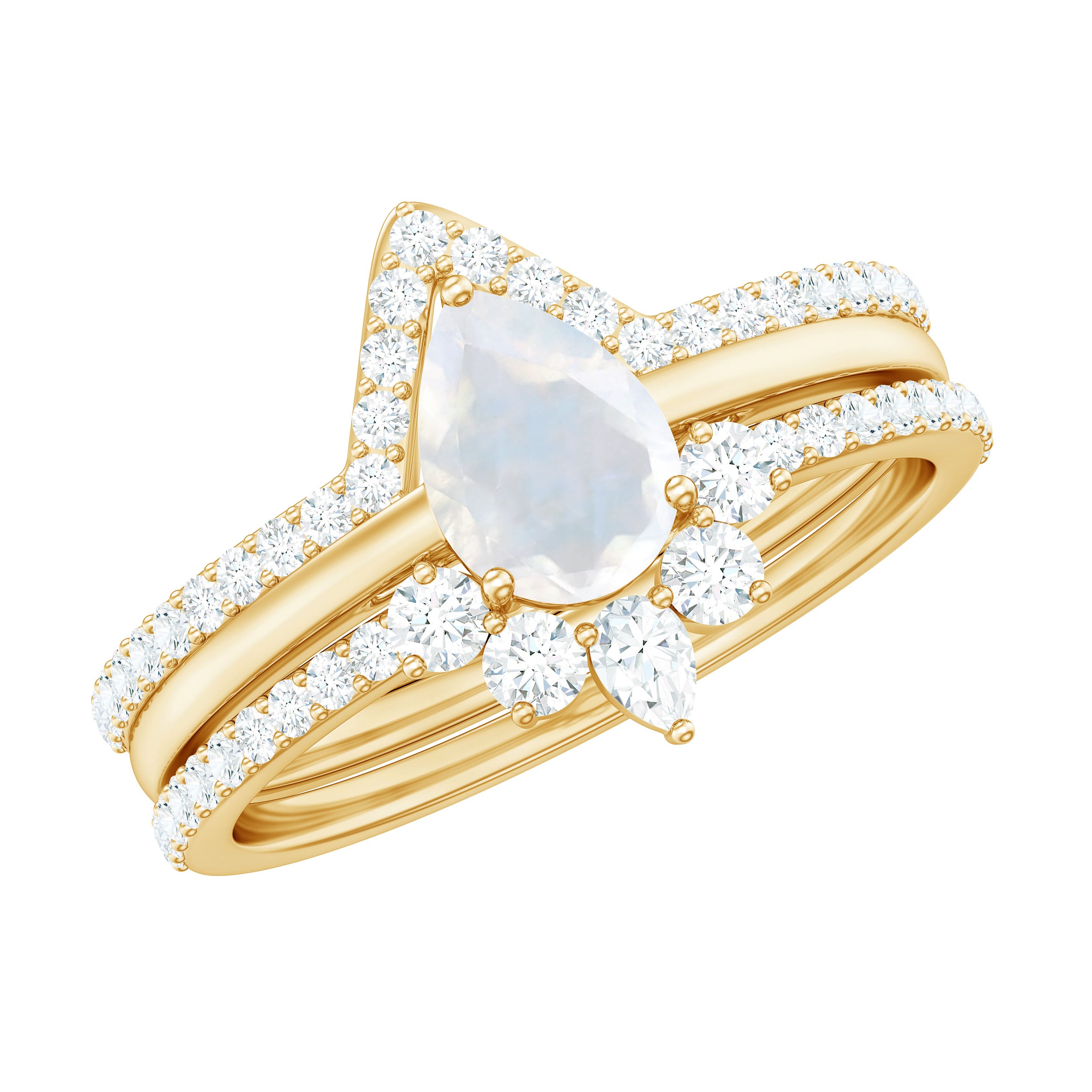 Pear Cut Moonstone Trio Wedding Ring Set with Moissanite Moonstone - ( AAA ) - Quality - Rosec Jewels