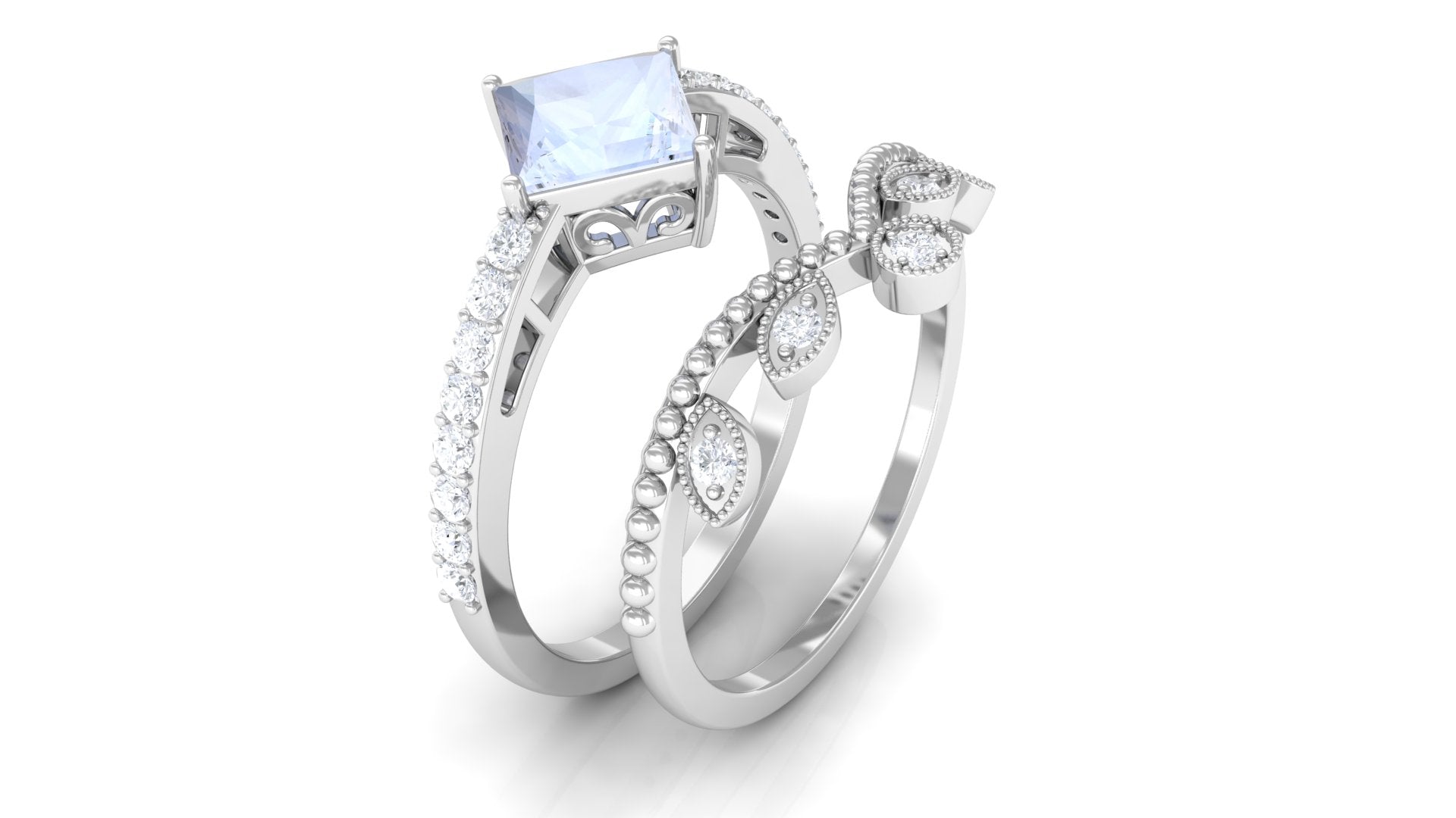 Princess Cut Moonstone Vintage Ring Set with Diamond Moonstone - ( AAA ) - Quality - Rosec Jewels