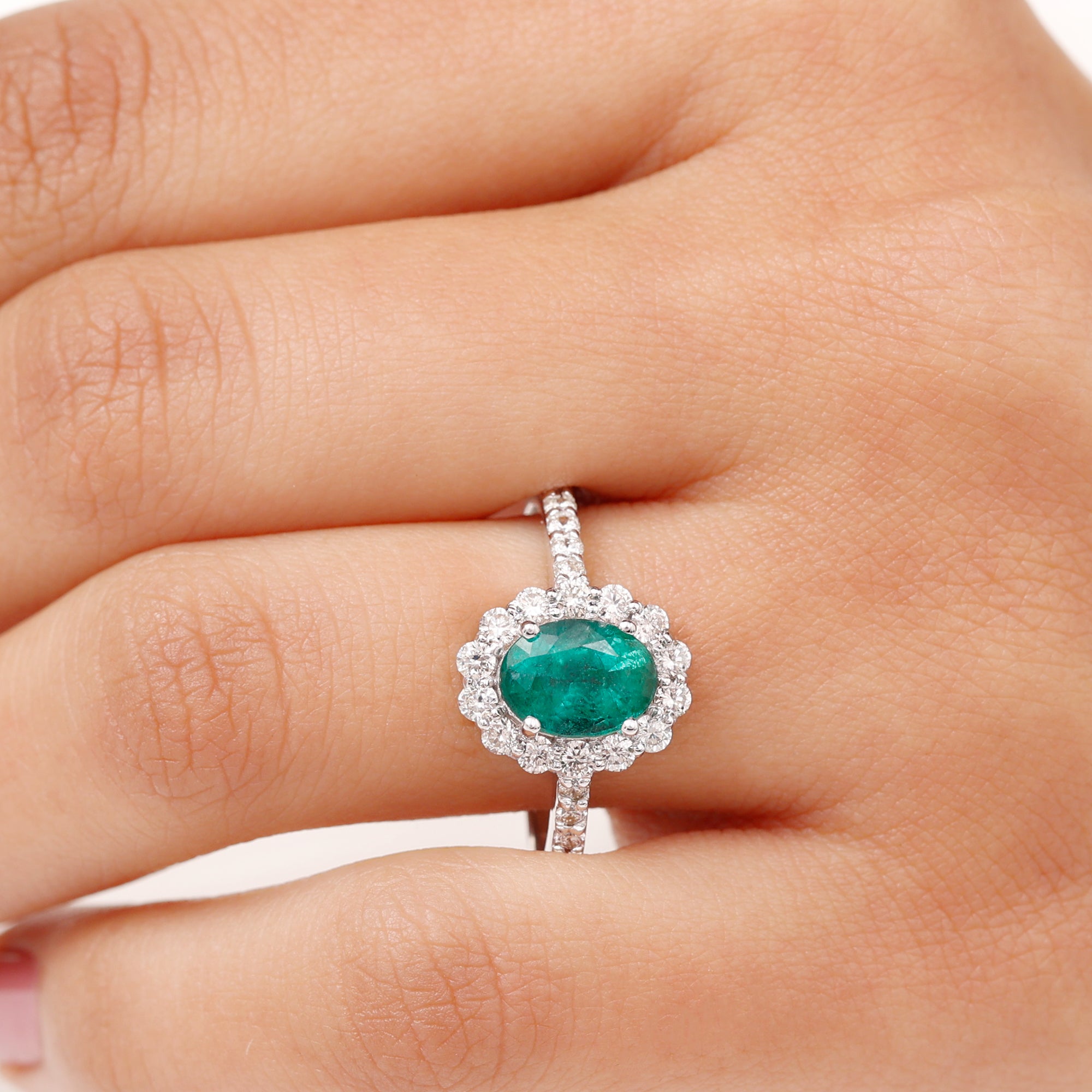 2.50 CT Oval Shape Created Emerald Ring with Moissanite Halo Lab Created Emerald - ( AAAA ) - Quality - Rosec Jewels