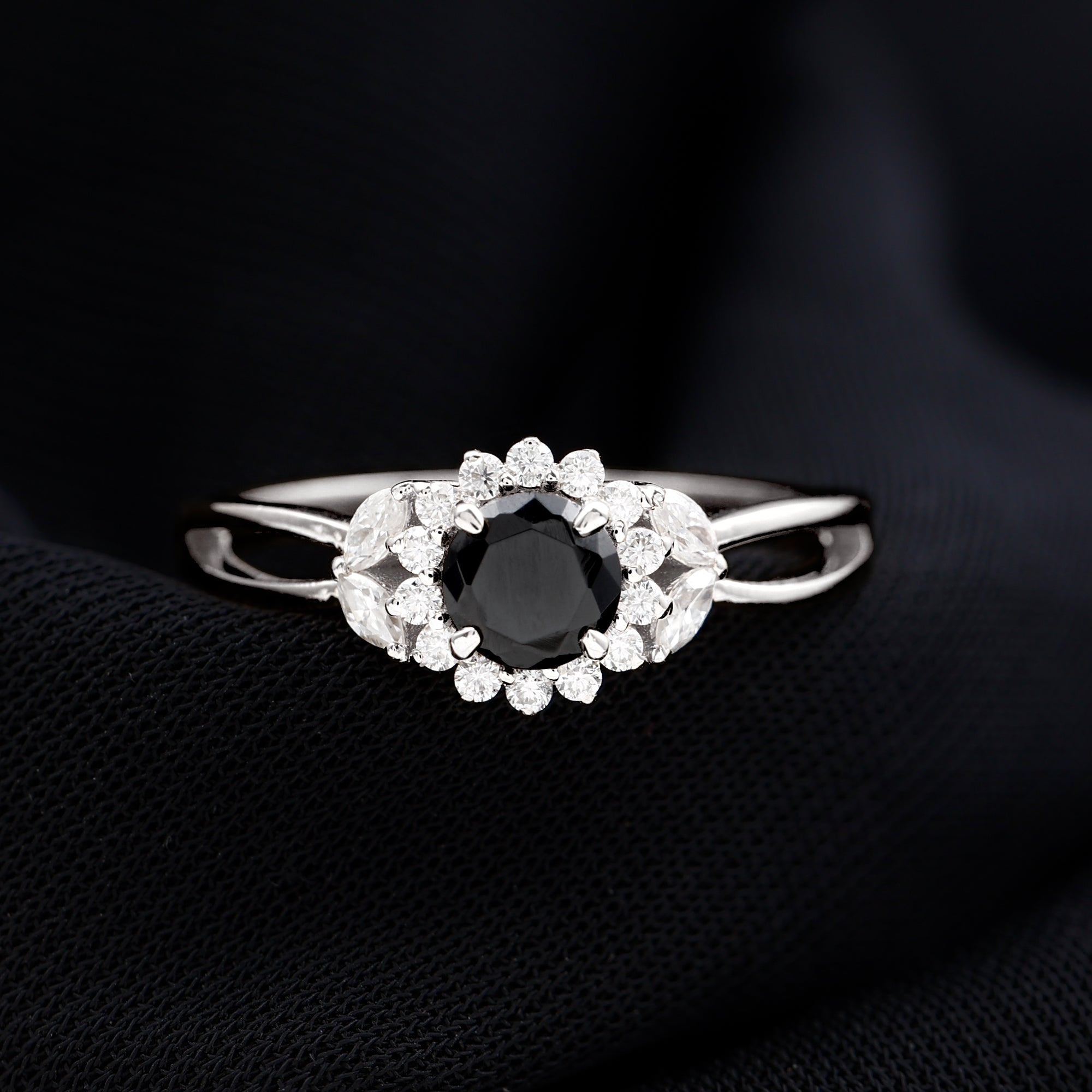 Split Shank Black and White Diamond Flower Engagement Ring Black Diamond - ( AAA ) - Quality - Rosec Jewels