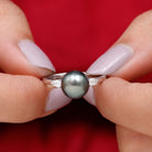 Round Tahitian Pearl Solitaire Ring with Pear Shape Moissanite Tahitian pearl - ( AAA ) - Quality - Rosec Jewels